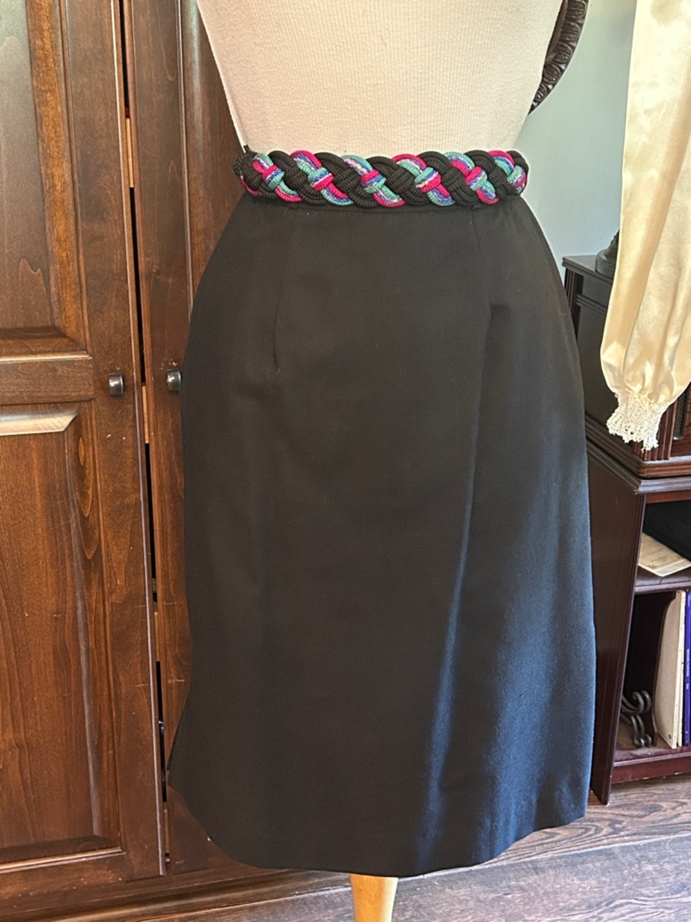 1970’s Claude Sz S Classic Black A-Line Belted Cotton Blend Skirt